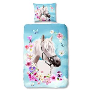Good morning kinderdekbedovertrek Horse - aqua blauw - 140x200/220 cm - Leen Bakker